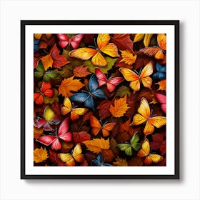 Autumn Leaves And Butterflies Seamless Pattern Art Print