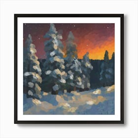 Winter forest and red sunset Art Print