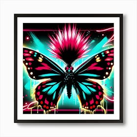 A Flashy Butterfly With A Neon Mohawk, Inspired By The Street Art Of Banksy, With A Bold Black And Neon Color Scheme, Where The Butterfly Is In Focus And The Background Is Blurred Into Neon Shapes, Framed With Abstract Brush Strokes (4) Art Print