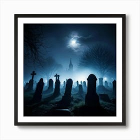 Cemetery Scene On A Halloween Night With Fog And Ghostly Silhouettes Against The Night Sky Haunted (1) 2 Art Print