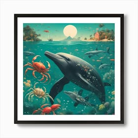 Dolphins And Crabs Art Print