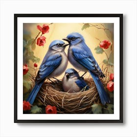 Bluebirds In The Nest, A Pair Of Birds Building A Nest Representing Love Home And Family Art Print