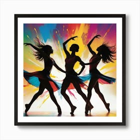 Dynamic silhouettes of dancers in motion against a colorful abstract background. The scene should convey energy, rhythm, and joy, with vibrant splashes of color highlighting the movement. Art Print