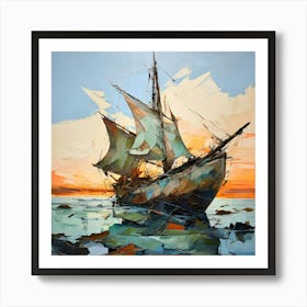 Colossal Sailboat Fractured Asunder Partially Submerged On A Tropical Island Art Print