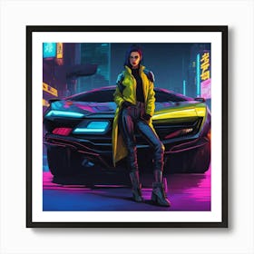 Cyberpunk Girl Standing Next To A Car Art Print