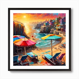 A Majestic Vista From Atop Beach Cliffs Overlooking Waves Beach Bar Homes And Beachgoers Art Print