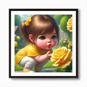 Little Girl Kissing Yellow Roses Art Print