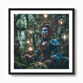 Blue Steampunk Mossy Forrest Lantern Mistress Art Print