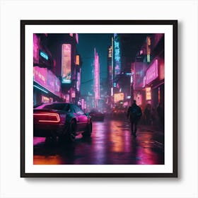 Cyberpunk Street Scene" - A cyberpunk-inspired street scene filled with neon lights, futuristic vehicles, and cyber-enhanced characters Art Print