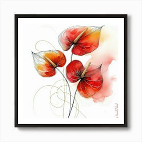 Red Anthuriums Flowers IV. Art Print