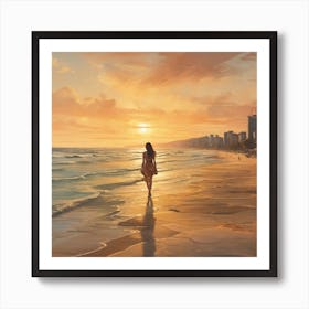 Woman Walking On The Beach Art Print