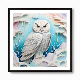 Snow Owl 3D Watercolor Dripping Art Print