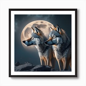 Two Wolves In The Moonlight Art Print