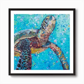 Blue Baby Turtle In The Sea Square Art Print