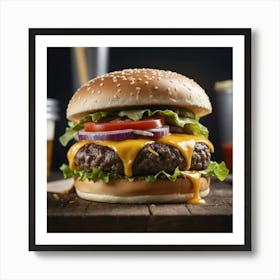 Burger On A Wooden Table Art Print