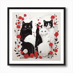 Black Cats With Roses Art Print