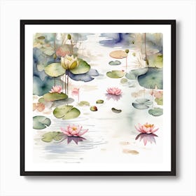 Surface of water with water lilies and maple leaves 5 Art Print