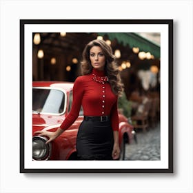 Beautiful Woman Posing With Vintage Car Art Print