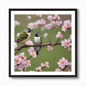 Two Birds Perched On A Cherry Blossom Tree Art Print