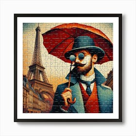Abstract Puzzle Art French man with umbrella Art Print