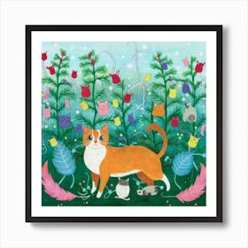 Whisker Wonderland: Print Art - Illustrate a whimsical scene where cats play in a magical garden filled with oversized catnip plants, rainbow yarn, and floating feathers. Art Print