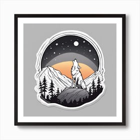 Sticker Art Design, Wolf Howling To A Full Moon, Kawaii Illustration, White Background, Flat Colors, (6) 1 Art Print