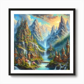 Fantasy Inspired Acrylic Painting Of A Whimsical Village Nestled Among Towering Mountains And Cascading Waterfalls, Style Fantasy Art Art Print