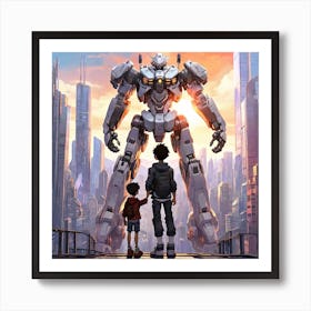Mecha and Anime Boy in the City Skyline Art Print