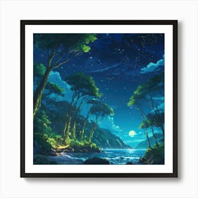 Night Scene With River & Trees Art Print