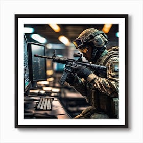 Soldier In Front Of Computer Art Print