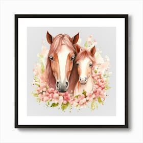 Watercolor Spring Mama And Baby Horses Art Print