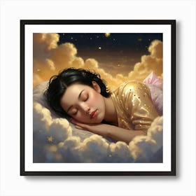 A photorealistic portrayal of a woman with shiny black bobbed hair, asleep on shimmering golden clouds. The sky around her is dotted with stars, each shaped like a Hello Kitty cat, casting a soft glow. Created Using: high-resolution detail, magical night sky, gold-tinted clouds, playful star designs, tranquil mood, soft glow effects, enchanted setting, clear focus --ar 16:9 --v 6.0 3 Art Print