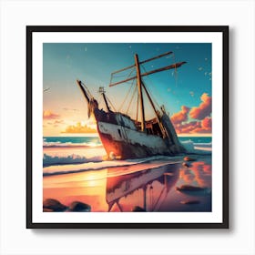 Beach Scene Sailing Ship Wreck In Foreground Art Print