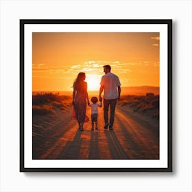 A Family Immersed In A Content Moment Walking Hand In Hand Against A Background Of A Sunset Graduall (3) Art Print