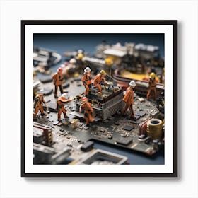 Miniature Workers On A Computer Motherboard 1 Art Print