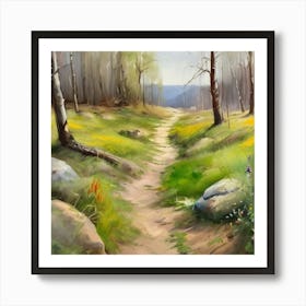 Path In The Woods.A dirt footpath in the forest. Spring season. Wild grasses on both ends of the path. Scattered rocks. Oil colors.12 Art Print