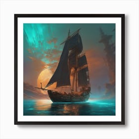 Pirate Ship At Night Art Print