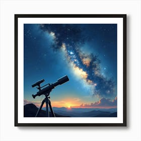 Space Telescope Observing Distant Galaxies, Watercolor Background Of Stars Art Print