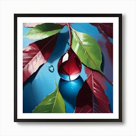 Red And Green Leaves On A Blue Surface With A Large Water Drop Reflecting A Red Leaf, Creating An Abstract And Artistic Composition Art Print