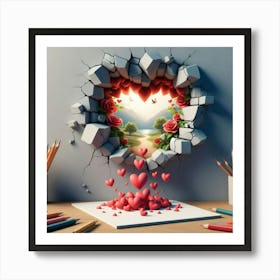 Wall Breakthrough With Hearts Art Print