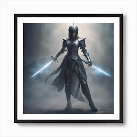 Woman Standing In Dynamic Pose Wearing Armor Holding Sword And Magic, Futuristic Medieval, Epic Comp Art Print