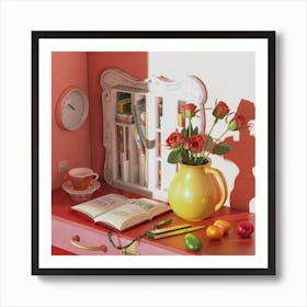 Table With Books And Flowers Art Print