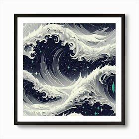 Cinematic Futuristic Waves Under Starry Cosmic Night Sky Art Print