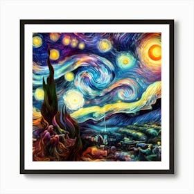 scene blending the swirling cosmic colors of Vincent van Gogh's Starry Night with the surreal celestial precision of Salvador Dalí 2 Art Print