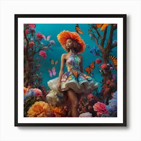 fashion, Surreal fashion garden, plant mannequins, giant flowers, organic dresses, twisted trees, cyber butterflies, psychedelic sky, colorful mist, floating lighting, enchanted podium, colors that change at the touch. 1 Art Print