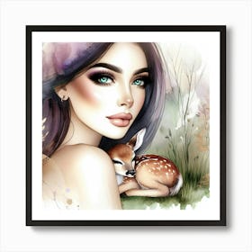 Girl With A Deer Art Print