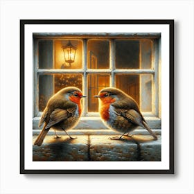 Two Robins On A Windowsill Art Print