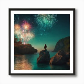 Mermaid admires fireworks Art Print