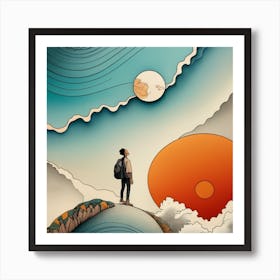 Man Looking At The Sun, looking up at moon Art Print