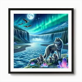 Wolf Family by Crystal Waterfall Under Full Moon and Aurora Borealis Art Print